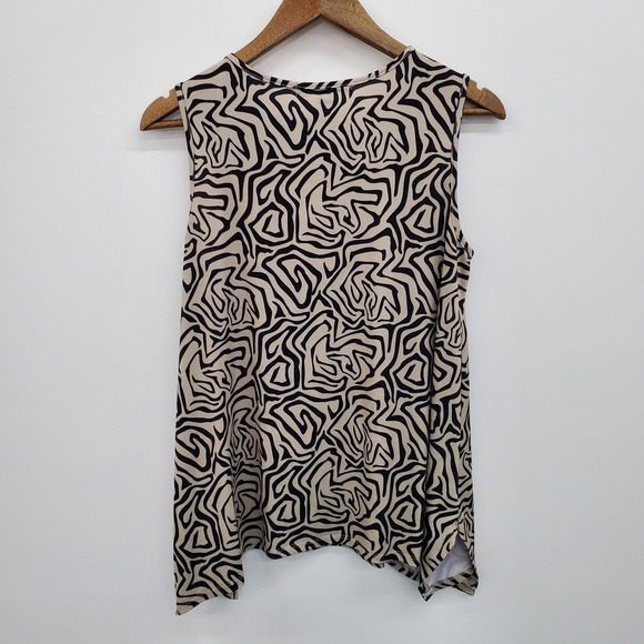 Valerie Stevens Womens M Beige Black Abstract Sleeveless Blouse Crochet Neckline - Picture 5 of 13